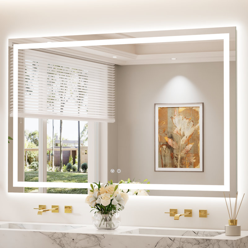 Front & Back LED Lighted Tempered Glass Dimmable Anti Fog Bathroom Vanity Mirror, 55" x 36"