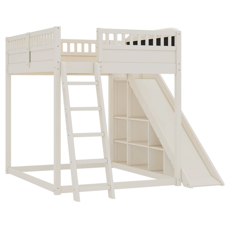 Lit mezzanine avec glissade et rangement Kizi, Full, Beige