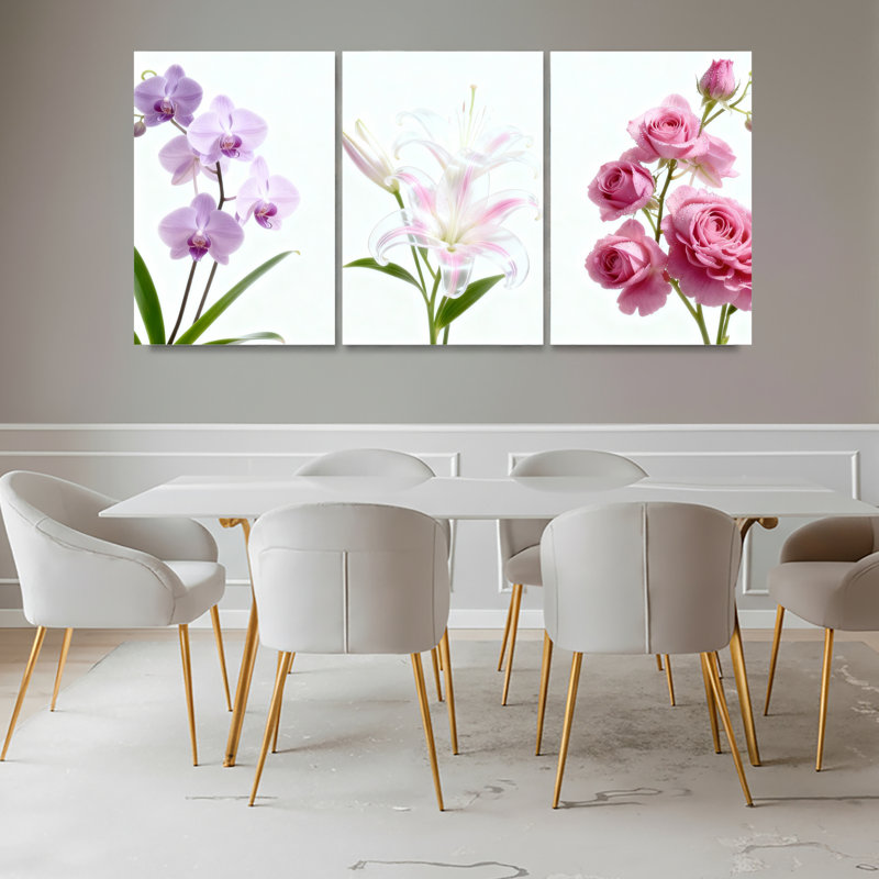 Ensemble de 3 toiles murales à motifs floraux : orchidées, lys et roses, H 18 po x l 36 po