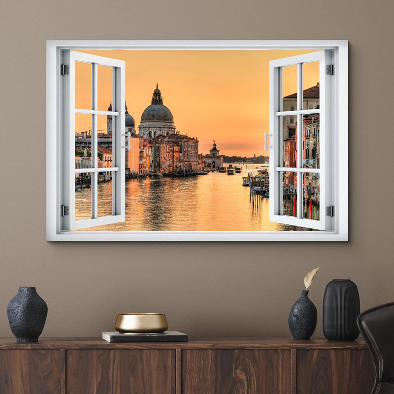 Fenêtre de paysage «Window View Venice Italy Italian Boat Dock Sunset Nature Scenic Landscape» sur toile, H 24 po x l 36 po
