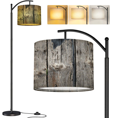  Arc Floor Lamp Grey barn wooden wall planking hardwood dark weathered timber surface Tall Modern Standing Lamp LED Adjustable Linen Lampshade 3 Color Temperatures