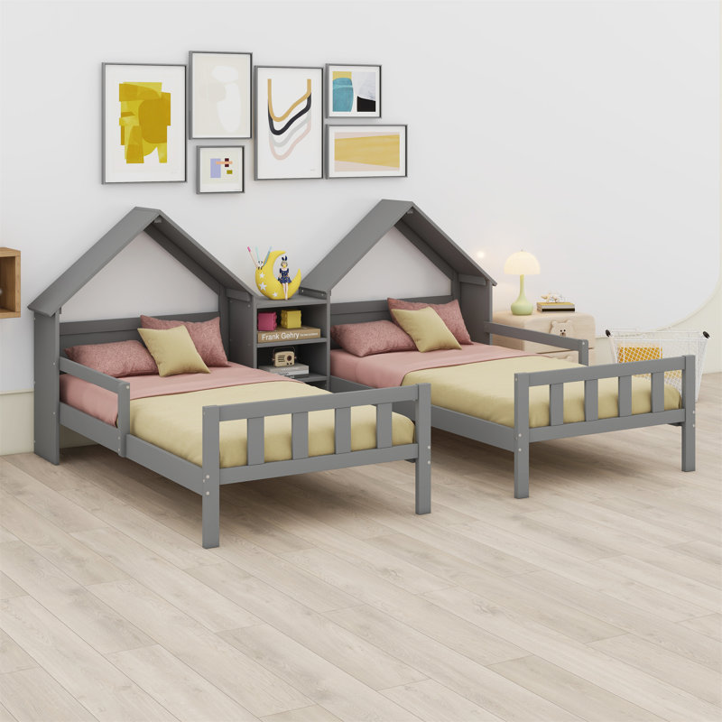 Double Platform Bed With House-Shaped Headboard And A Built-In Nightstand, Grey