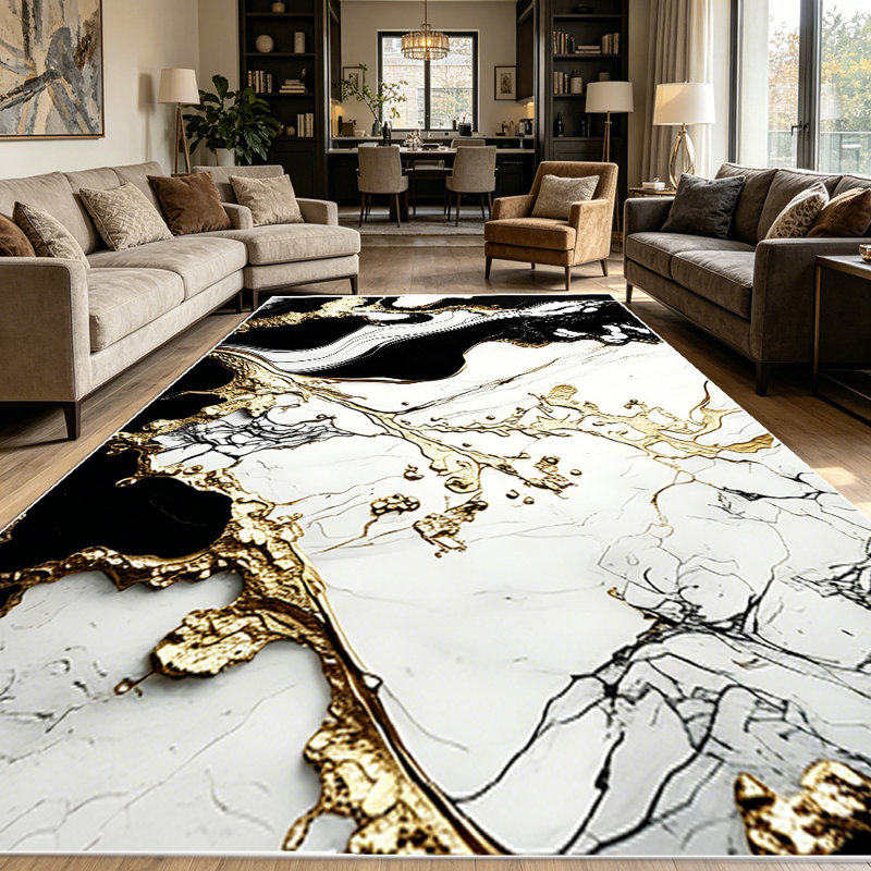 1PC Black Gold White Marble Fluid Abstract area rugs for Living Room, Soft and Comfortable, Suitable for all seasons, easy-to-maintain, machine washable Indoor floor mat, Under Table Farmhouse suitable for dining room, bedroom, kitchen entryway,