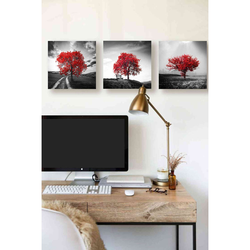 «Vibrant Tree Series: Ruby Triptych (Ensemble de 3)», art mural sur toile, H 12 po x l 36 po