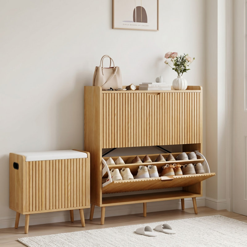 16 Pair Shoe Storage Cabinet With 2 Flip Drawers And Storage Bench For Entryway