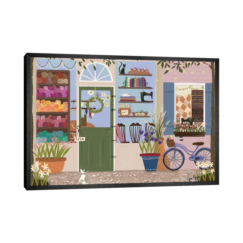 Stitcherie Shop Storefront 1 Piece Painting on Canvas, 101.6cm H x 152.4cm W x 3.81cm D, Black Framed