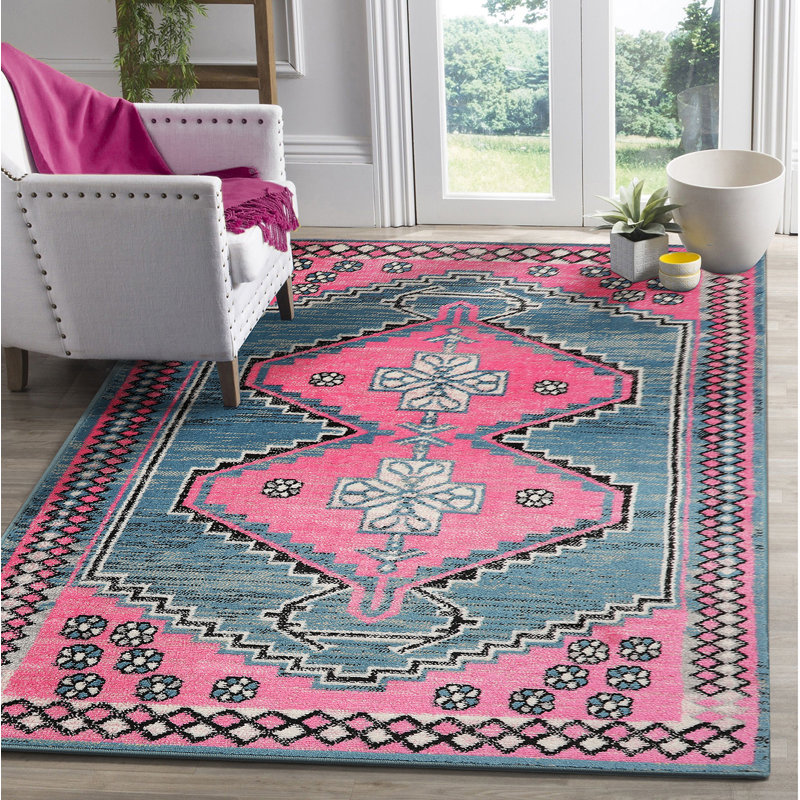 Tapis rose Southwestern, Rectangle de 7 pi 6 po x 9 pi 6 po
