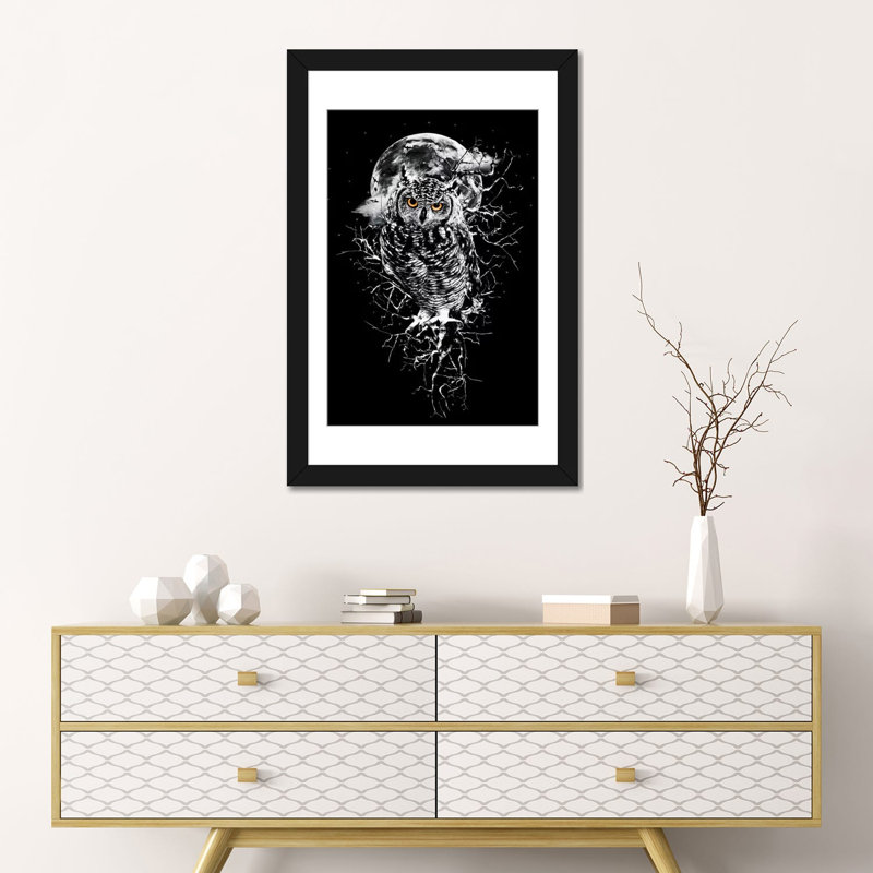 «Owl in B&W» par Riza Peker - impression sur toile tendue, H 32 po x l 24 po x P 1 po, Papier avec cadre noir, Blanc