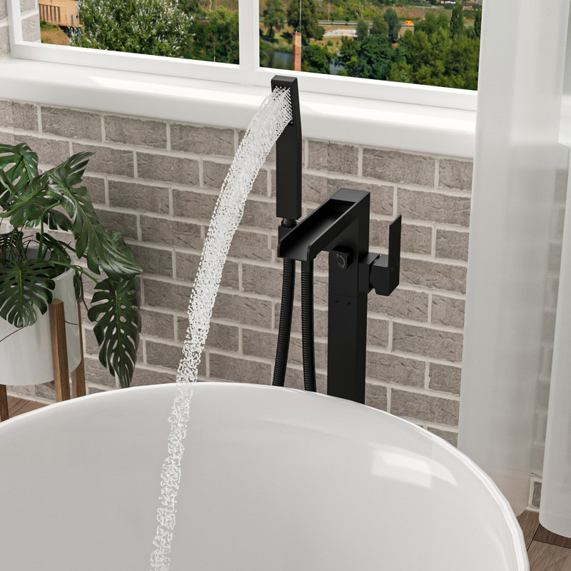 Freestanding Bathtub Faucet With Waterfall Tub Filler And Hand Shower, 360 Rotatable Spout, Dual Temperature Regulation, Brass Base Matte Black Faucet, 59" - Kink Hose, Control For Relaxing Water