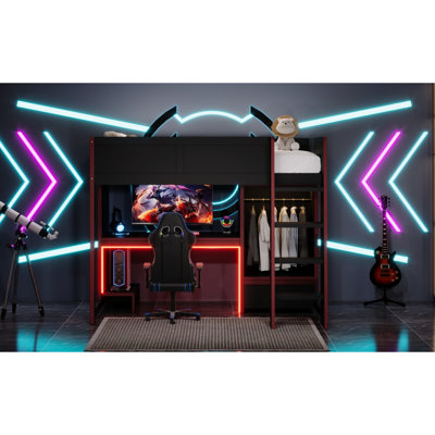 Twin Size Wood Gaming Loft Bed In Black With Built-In Desk, Wardrobe, Led And Drawer - Stable Structure
