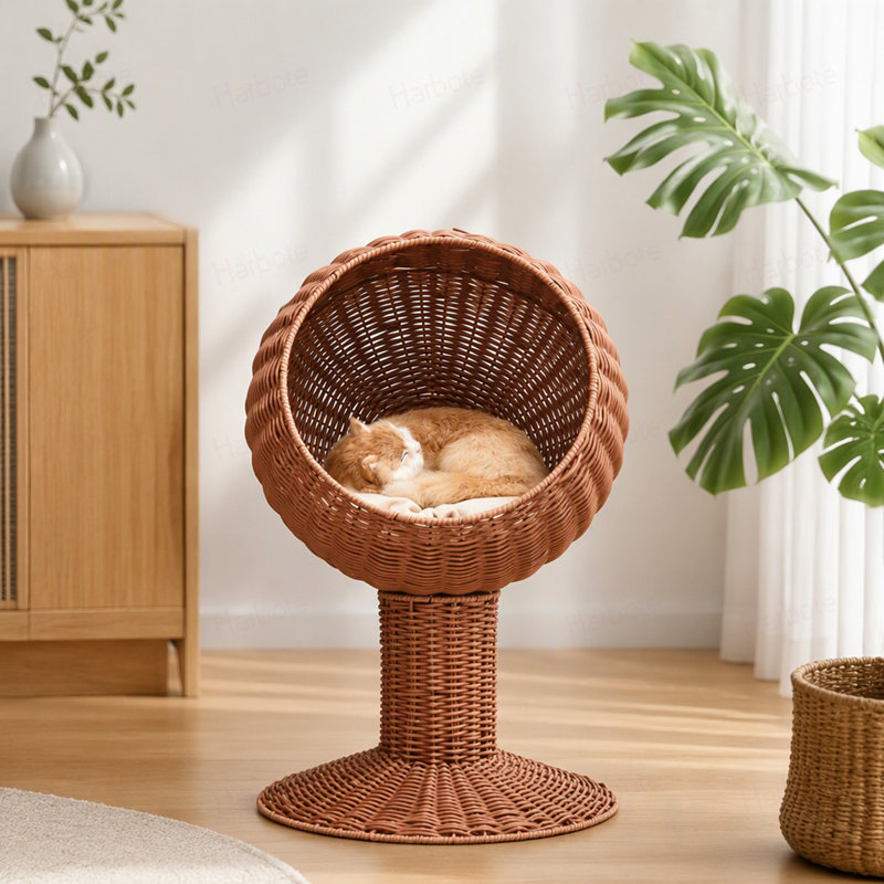 Lit surélevé pour chat avec niche pivotante en forme d'œuf, panier-lit pour chat avec coussin épais, maisonnette pour chat en fibres naturelles tressées.