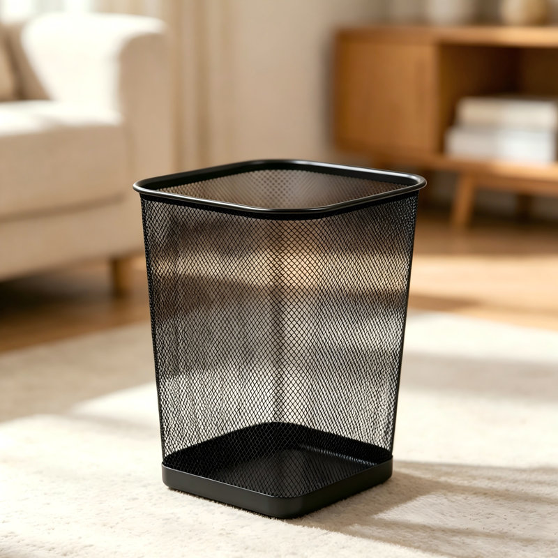 Paquet de deux corbeilles à déchets en maille carrée en métal noir, poubelles en maille pour bureau général, Black
