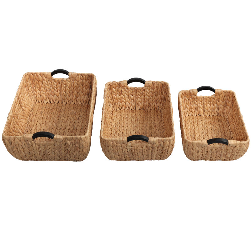 Astor Bohemian Farmhouse Handwoven Water Hyacinth Nesting Storage Baskets with Wood Handles (Set of 3), Natural