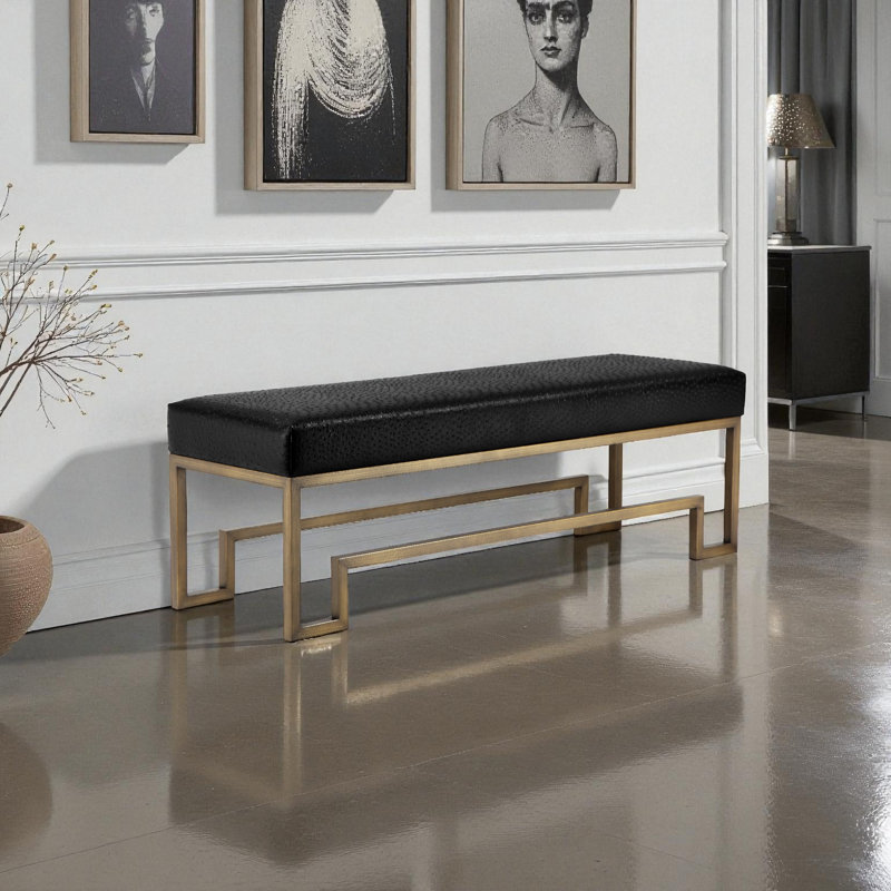 Pangea Home Declan Laurence Modern Upholstered 54" Bench with Gold or Silver Metal Steel legs – Elegant Accent Seating for Bedroom, Entryway, Kitchen, Office, Waiting Rooms, or Living Room - Black Bench with Brass Legs