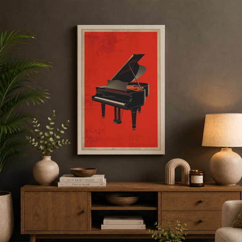 Piano in Red Retro - Wrapped Canvas, 18x12 - 45.7 x 30.5 cm, Sage Border