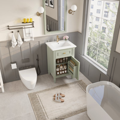 20" Freestanding Small Bathroom Vanity with Sink Top, Solid Wood Legs, MDF Cabinet with Tilt‑Out Drawer & Adjustable Shelf, Zinc Alloy Knobs, Green