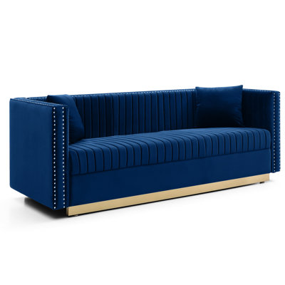 Velours contemporain contemporain pour salon - canapé bleu avec coussins, structure en bois massif et rembourrage en mousse dense