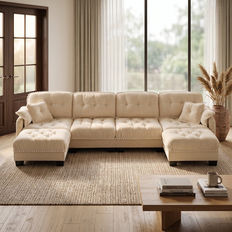 Canapé nuage 4 places beige crème en chenille avec 2 poufs amovibles, coussins capitonnés et finis à pompons
