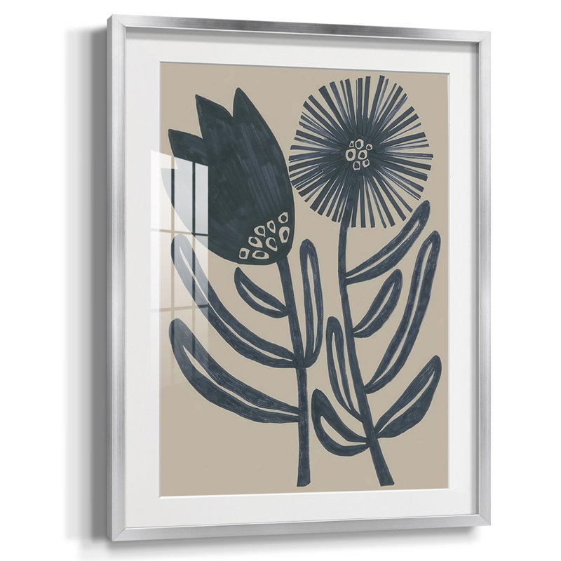 «Blockprint Folk Flowers II», reproduction encadrée, Papier avec cadre argenté, Blanc