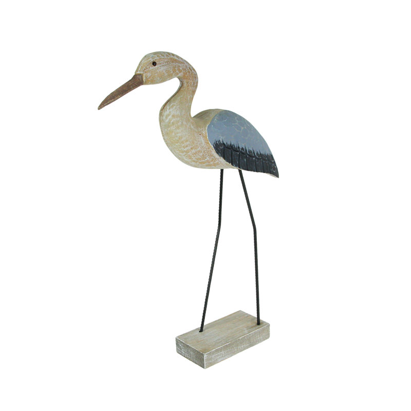 Statue d'aigrette côtière en bois d'Albesia bleu et blanc et métal, avec pattes en acier, 47,6 cm de hauteur