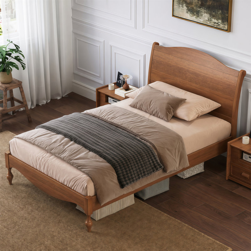 Structure de lit double en bois avec tête de lit, lit plateforme rétro, tête de lit arquée traditionnelle et pied de lit, grand rangement sous le lit, aucun sommier requis, assemblage facile