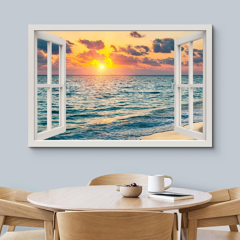 Fenêtre de paysage «Vue de la fenêtre Neon Sunset Sky Tropical Island Ocean Nature Scenic Landscape» sur, H 32 po x l 48 po