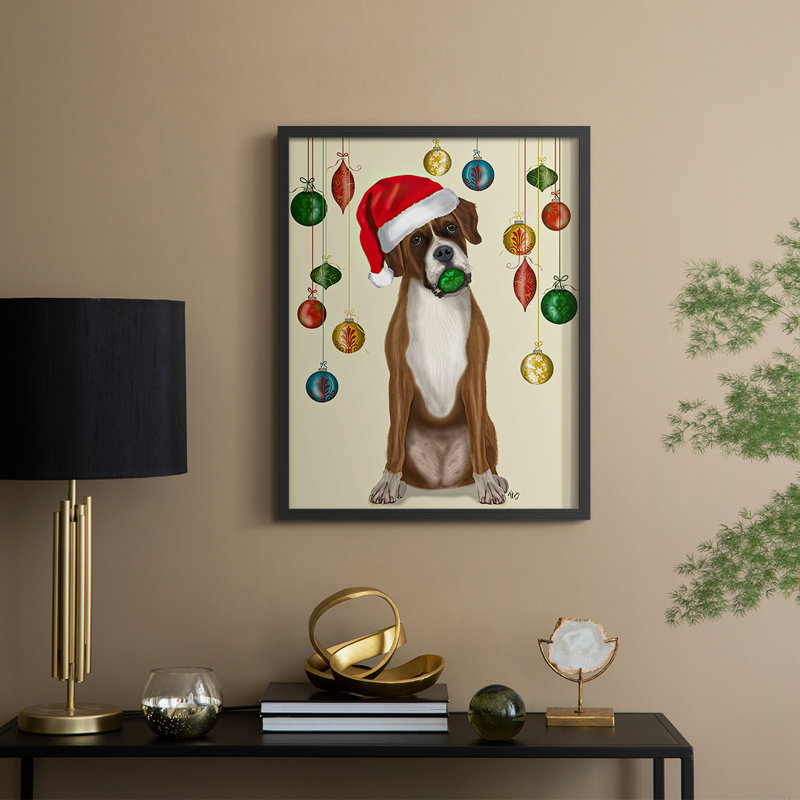 «Christmas Boxer and Bauble Ball», reproduction encadrée - bois massif, H 30 po x l 24 po, Noir, noir, noir, noir