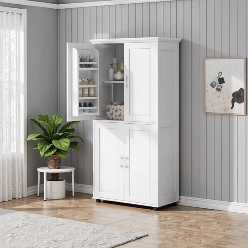 Armoire de rangement haute et large autoportante avec 4 portes, tablettes réglables, dispositif anti-basculement, blanc - L 31,3 po x l 15,6 po x H 62,3 po