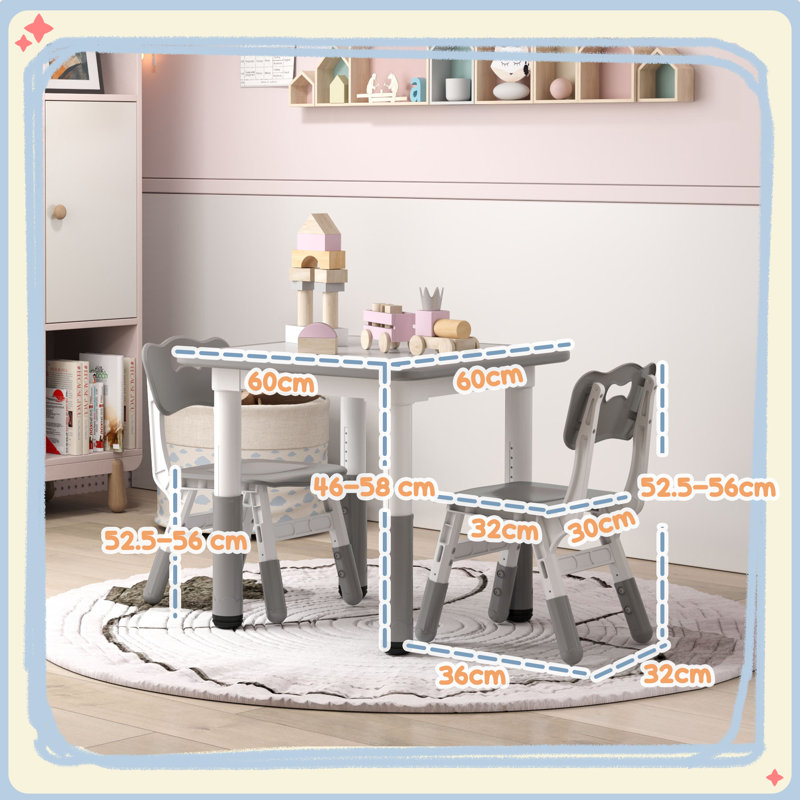 AIYAPLAY 3 Pcs Height Adjustable Kids Table and Chair Set for Playroom, Grey