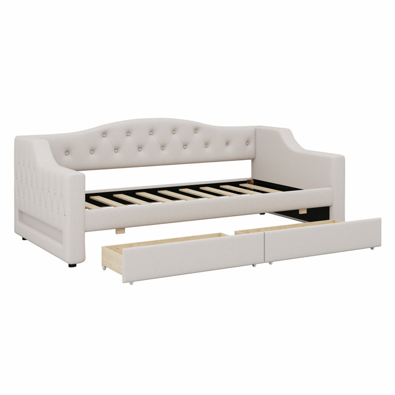 Lit de jour rembourré avec ceinture à DEL et 2 tiroirs, Beige