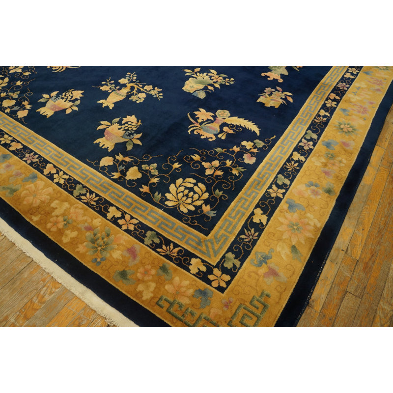 Antique Art Deco Chinese Floral, Medallion Blue Navy, Ivory Beige Cream White 1920s Rug