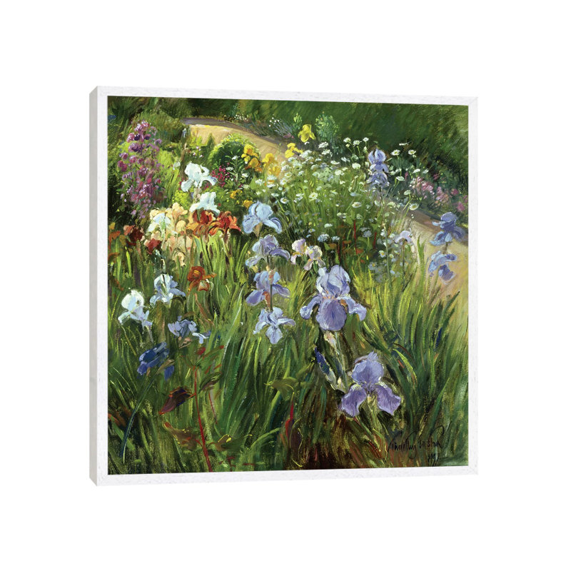Irises And Oxeye Daisies by Timothy Easton - Painting on Canvas, 66.04 cm H x 66.04 cm W, White Framed Canvas