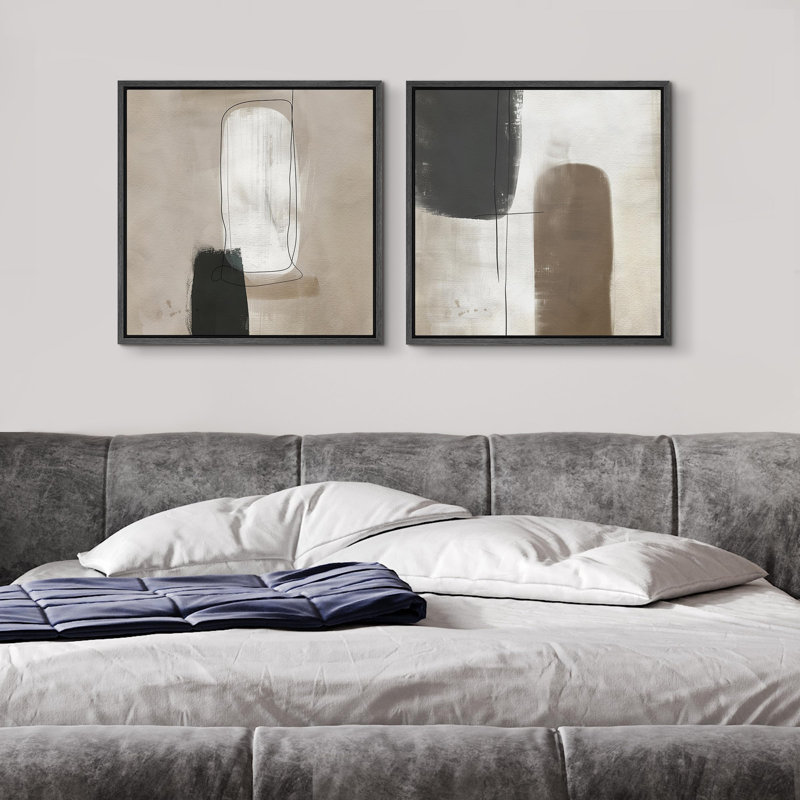 "Art contemporain nordique brun moderne abstrait" - 2 pièces, H 16" x l 16", Cadre flottant noir