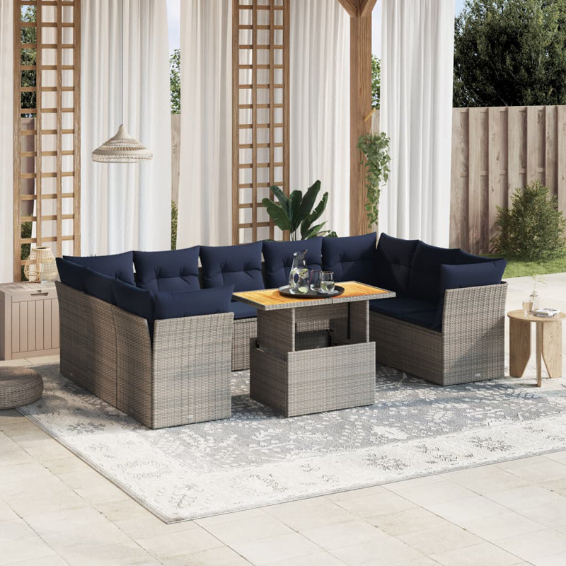 Ensemble de canapé de patio 10 pièces avec coussins en rotin de polyester, Gris, Marine