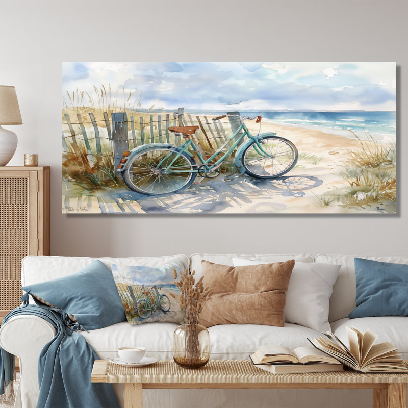Vélo bleu sur le sentier de la plage I - art mural côtier, Toile tendue, H 30 po x l 40 po