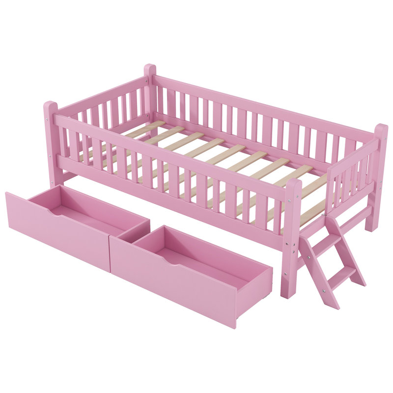Lit plateforme simple en bois avec garde-corps et 2 tiroirs, rose