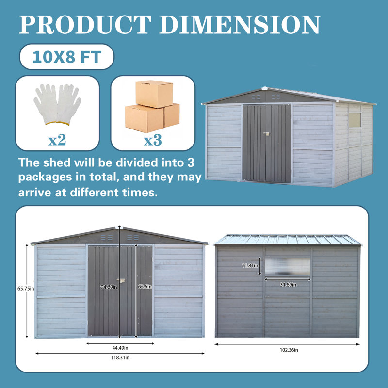 Outdoor Iron & Solid Wood Tool Storage Shed With Two Doors And Windows For Garden, Patio, Backyard