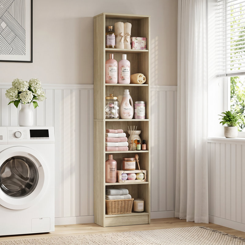 Grande armoire de rangement ouverte à 6 niveaux avec étagère à linge étroite pour salle de bain avec tablettes, Washed Oak