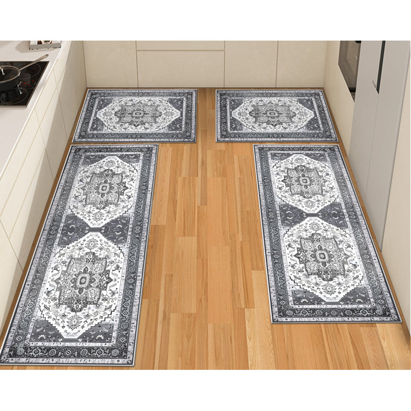 Boho Vintage 4-Piece Kitchen Mat Set, Washable Non-Skid Soft Floor Rugs