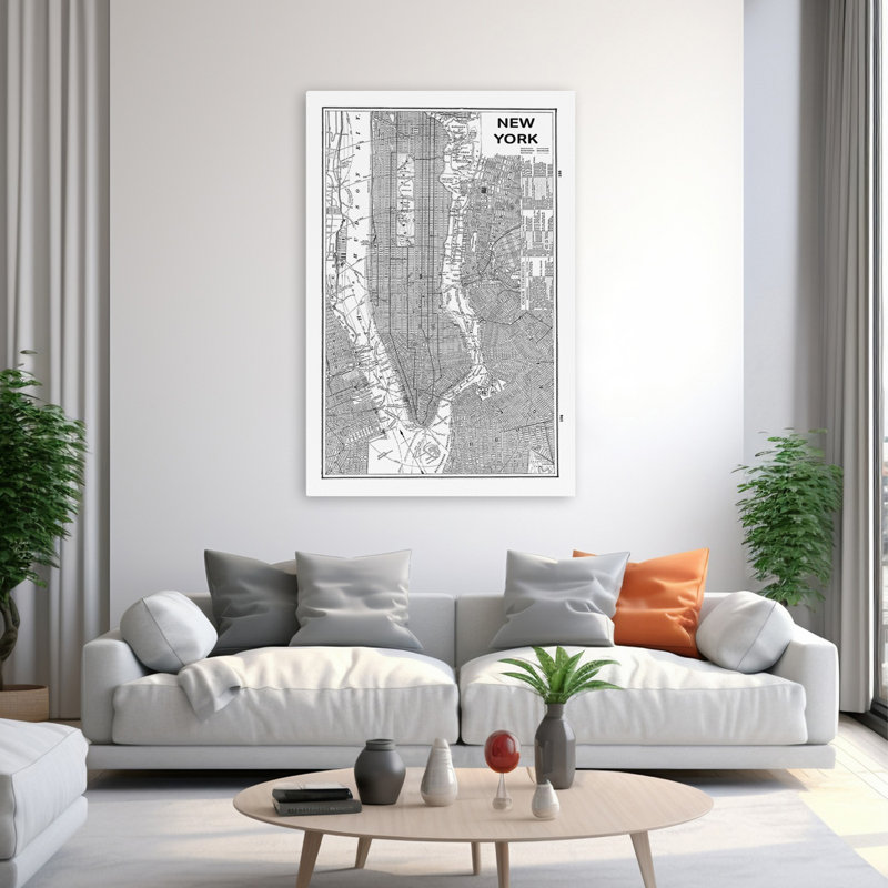 Carte inversée de New York, plan contemporain noir, noir et blanc de Manhattan, H 60 po x l 40 po