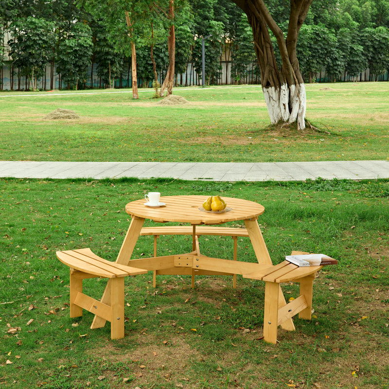 Outdoor 6 Person Picnic Table, 6 Person Round Picnic Table With 3 Built-In Benches, Umbrella Hole, Outside Table And Bench Set For Garden, Backyard, Porch, Patio,  Natural