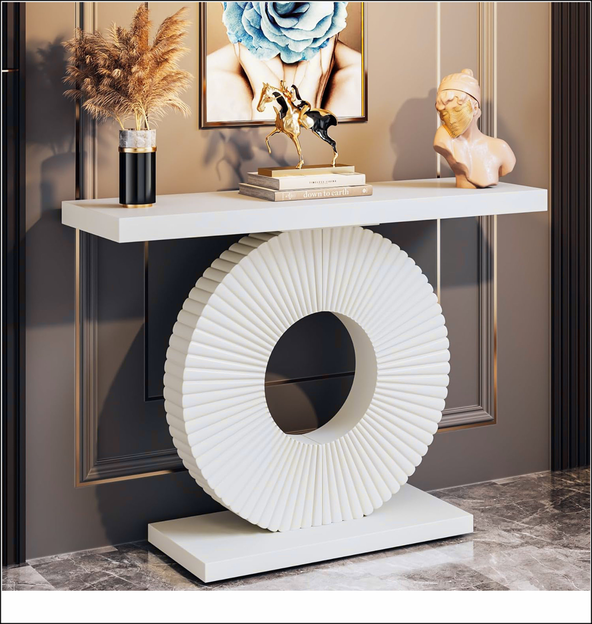 Ivy Bronx 40" Modern White Console Table with Sculptural Geometric Base ...
