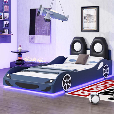 Lit plateforme en bois inspiré des voitures de course avec éclairage à DEL et dossier rembourré confortable, bleu
