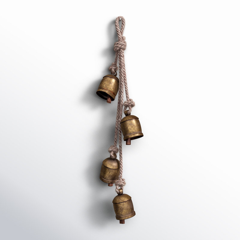  Four Rustic Iron Hanging Bells on Rope – 26" Decorative Christmas Holiday Door Hanger