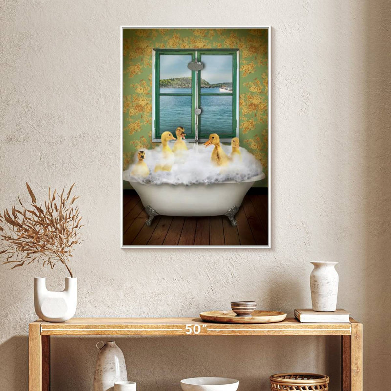 Ducks In Bath Tub, 25" x 37", Floating Frame White