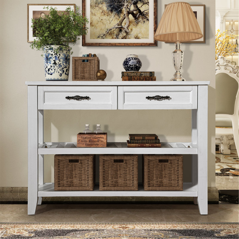 Console Sofa Table with 2 Storage Drawers and 2 Tiers Shelves, Mid-Century Style 42'' Solid Wood Buffet Sideboard