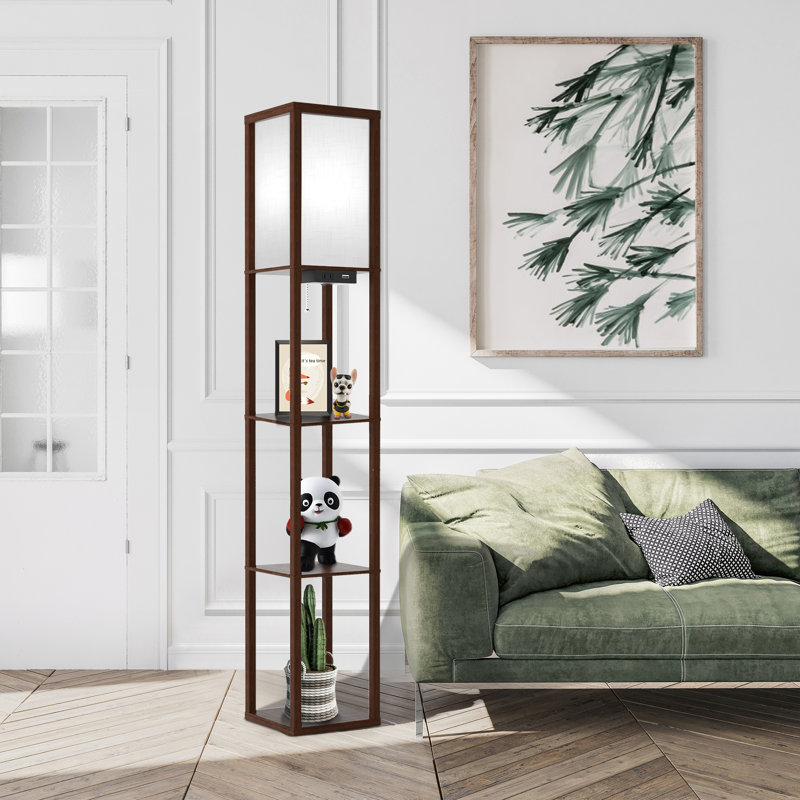 Jarold 63.7" Column Dimmable Floor Lamp with Shelves & Remote Control & USB Charging Station, Walnut