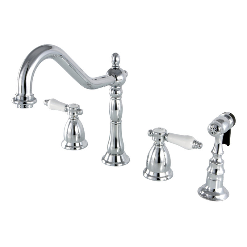 Kingston Brass Bel-Air Double-Handle 4-Hole Widespread Kitchen Faucet with Brass Sprayer, Polished Chrome