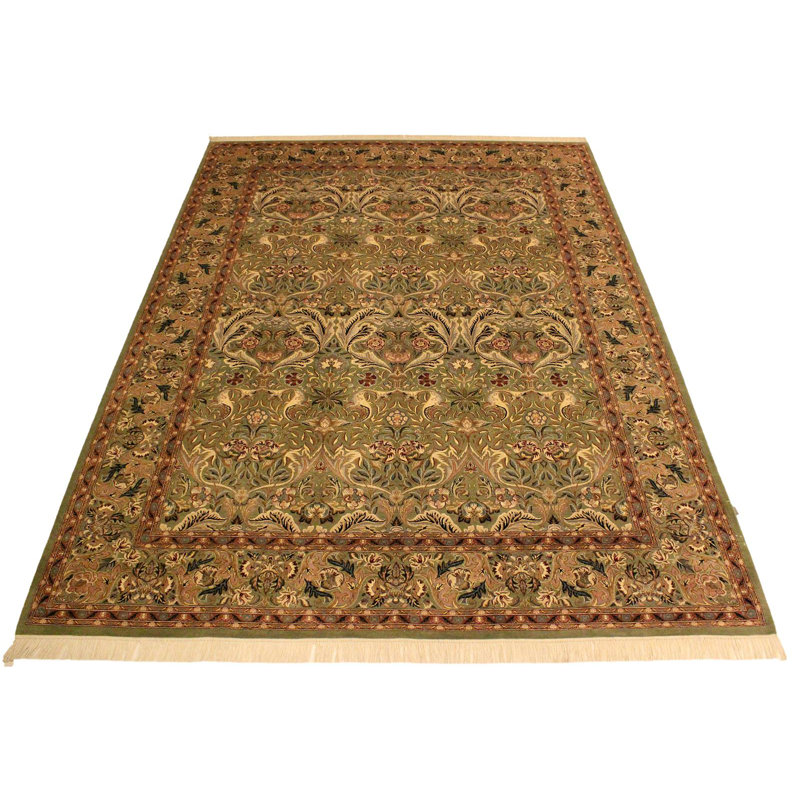 Tapis oriental vert / beige / rouge en laine noué à la main 9 pi x 12 pi Roca