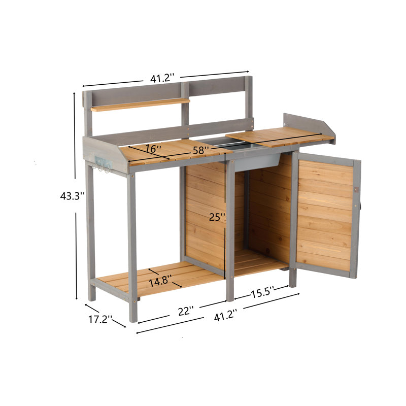 Outdoor Wooden Potting Bench Table With Sink, Garden Workstation With Sliding Tabletop, Storage Shelves & Cabinet, Farmhouse Style Potting Table For Patio, Lawn, Backyard
